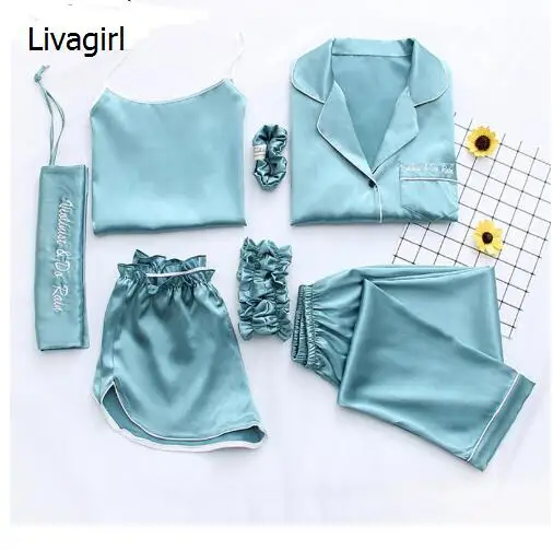 Комплект пижамный женский из 7 предметов элегантный Шелковый Топ с длинным