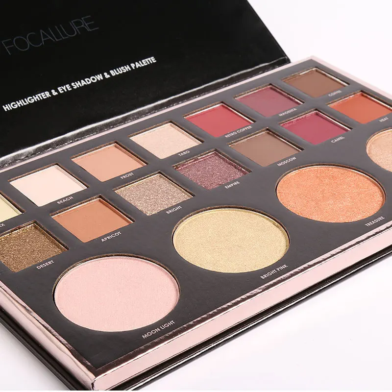 FOCALLURE New Highly Pigmented Glitter Eye Shadow Flash Shimmer Eyeshadow with Bush Highlighter Palette Face Makeup Tools |