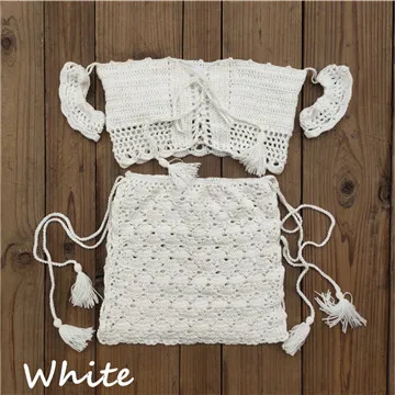 White Set 12 цветов, модный пляжный комплект бикини, вязаный купальный костюм, вязанный крючком купальник в богемном стиле с открытыми плечами, одежда для плавания, юбка для плавания со шнуровкой, детали по бокам - Цвет: White Set