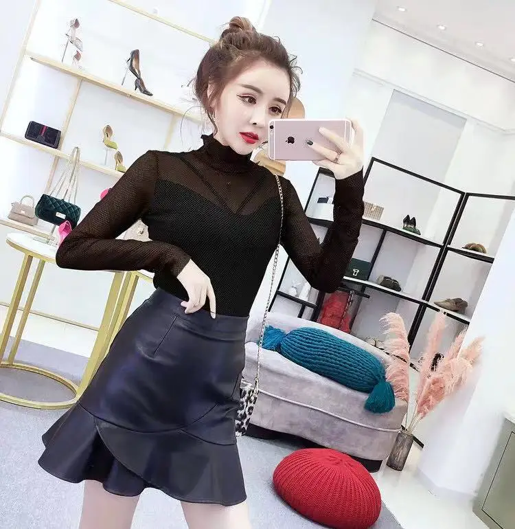 

Sexy Mesh Transparent Turtleneck Pullover Tshirt Fake 2 Pieces Spring Autumn Women Long Sleeve Bottoming Shirt Clothes T92703