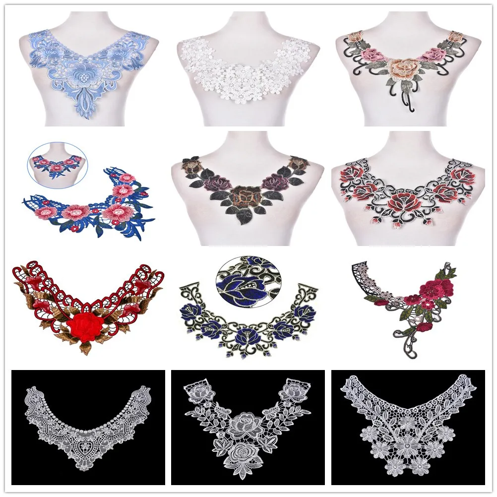 1 шт. Цветочная вышивка кружевной воротник отделка шеи аппликация для одежды