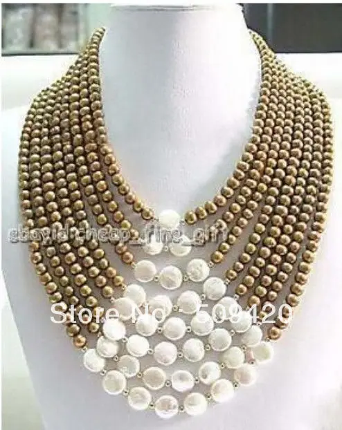 Бесплатная доставка&gt 6 7 мм шоколадный FW жемчуг &amp монета жемчужное ожерелье 8
