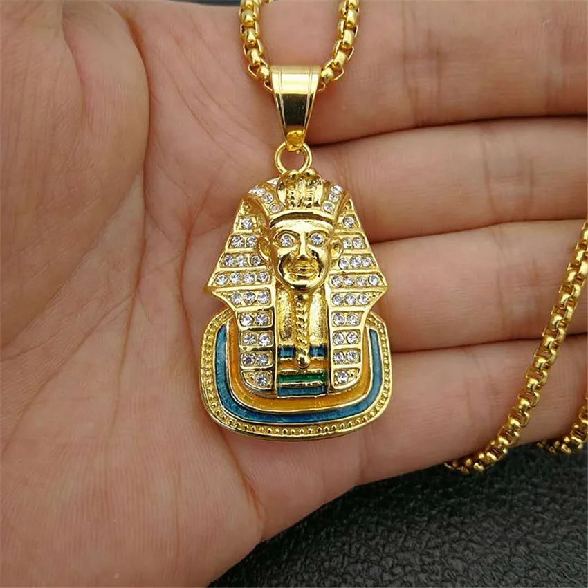 

Египетский лед Bling Стразы Фараон кулон ожерелье для женщин и мужчин нержавеющая сталь Египетские украшения дропшиппинг