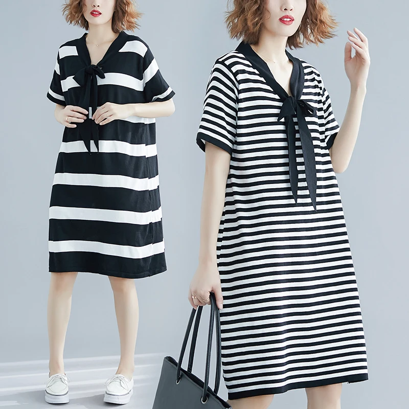 

#0493 T Shirt Dresses Short Sleeve V-neck Striped Midi Dresses Ladies Casual Loose Cotton Dress Female China Style Tshirts Dress
