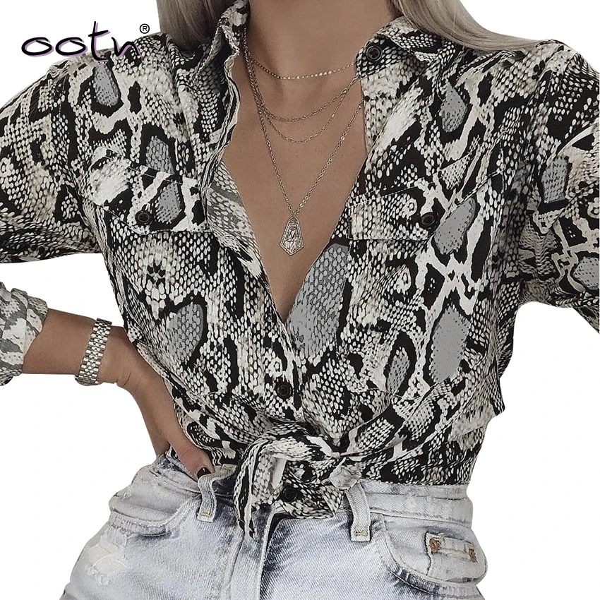 Женская блузка с длинным рукавом bclut винтажная принтом змеиной кожи и карманами