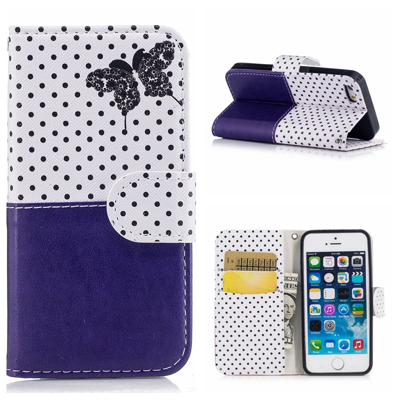 Для iPhone 5 5S SE Кожаный Чехол Мода Сращены Дизайн Точка Бабочка шаблон Бумажник