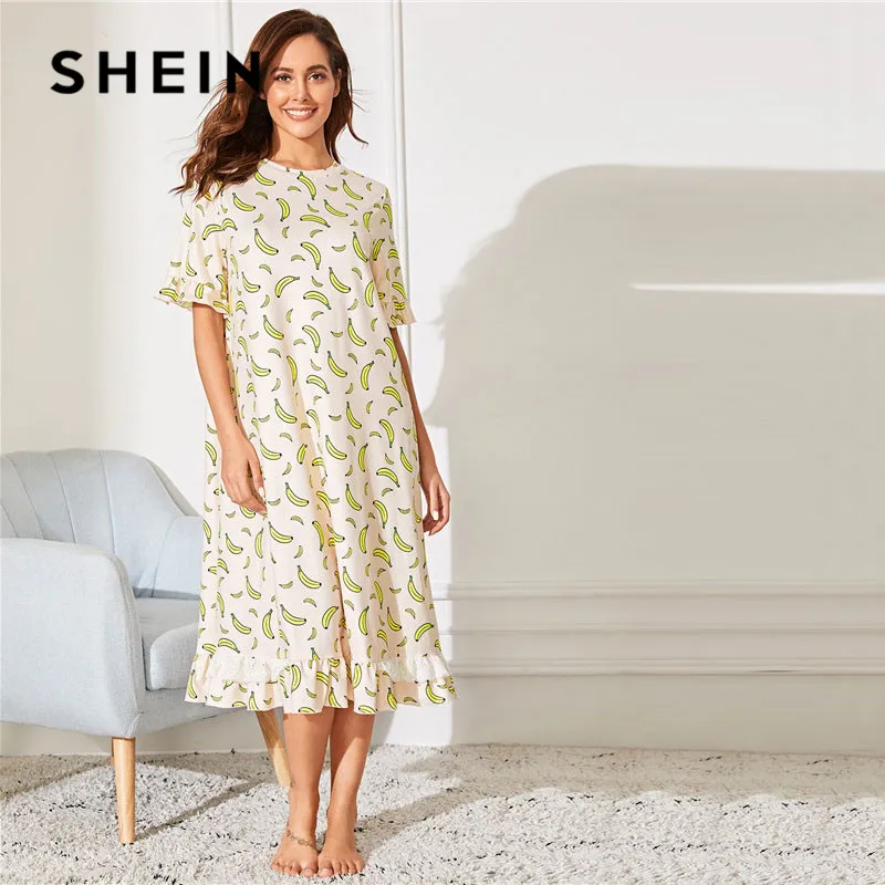 SHEIN Ночная Рубашка С Принтом Банан И Оборками, Длинная Ночная Рубашка С Принтом