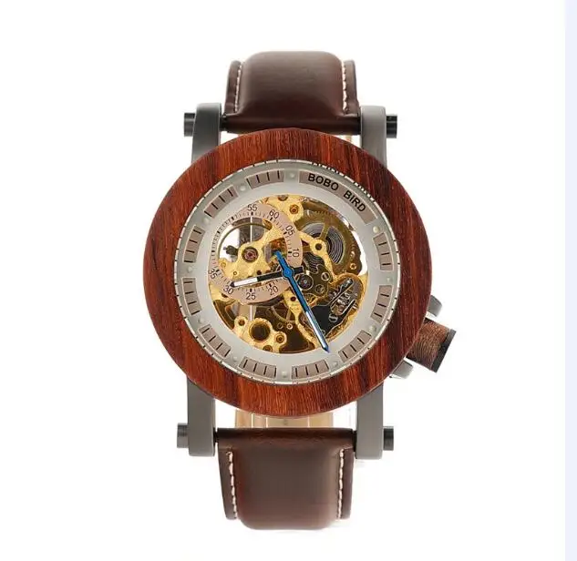 leather starp BOBO BIRD деревянные часы мужские полуавтоматические водонепроницаемые механические наручные часы мужские s forsining в подарочной деревянной коробке - Цвет: leather starp