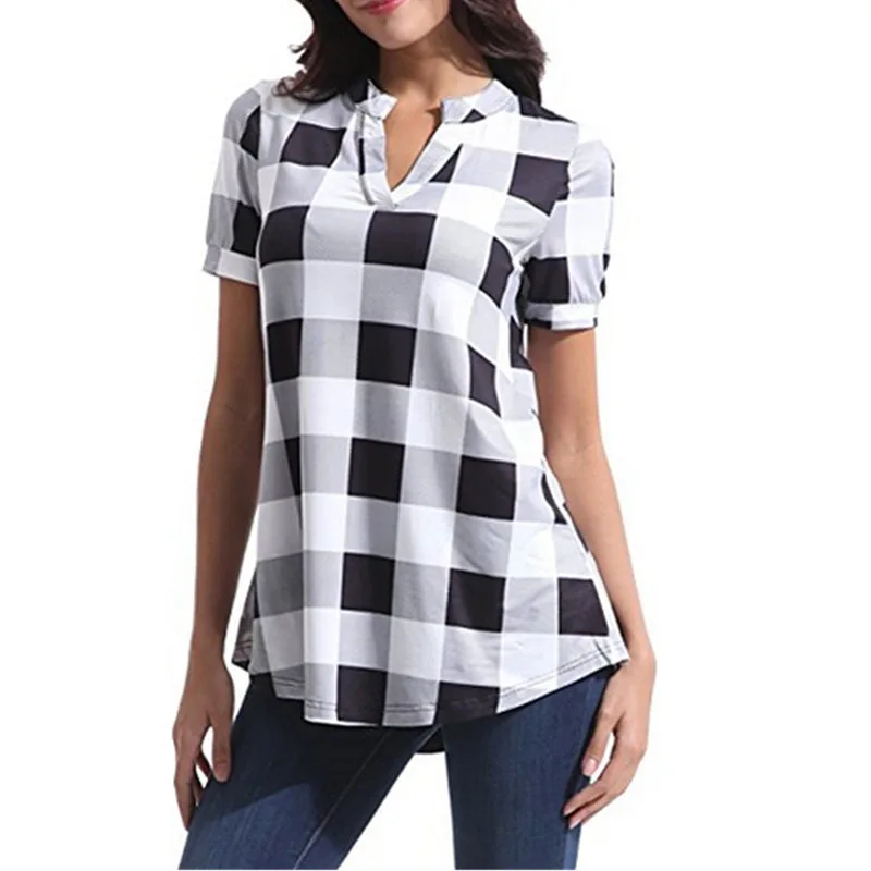 Plus Size 5XL Women Blouses and Tops New Summer Short Sleeve Vintage Plaid Blouse Ladies Shirt Casual Loose Blusa Mujer |