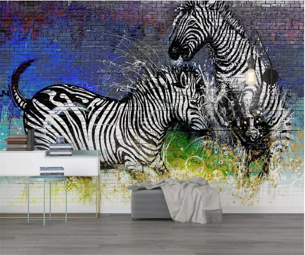 

beibehang Custom Wallpaper 3D Photo Mural Modern Fashion Minimalist Watercolor Zebra Brick Wall Cool TV Background Wall paper 3d