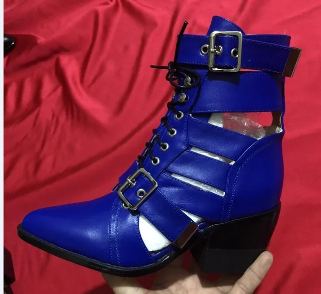 Blue MStacchi Brand Design Snake Skin Genuine Leather Boots Woman Pointed Toe High Heels Ankle Boots Buckle Lace Up Women Boots - Цвет: Blue