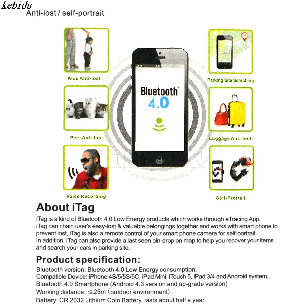 Bluetooth-трекер kebidu iTag для поиска ключей Противоугонная сигнализация с bluetooth 4 0 alarme
