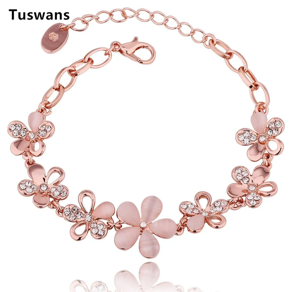 Великолепная Мода розовое золото цвет прозрачный CZ с цветком браслет и Strass для