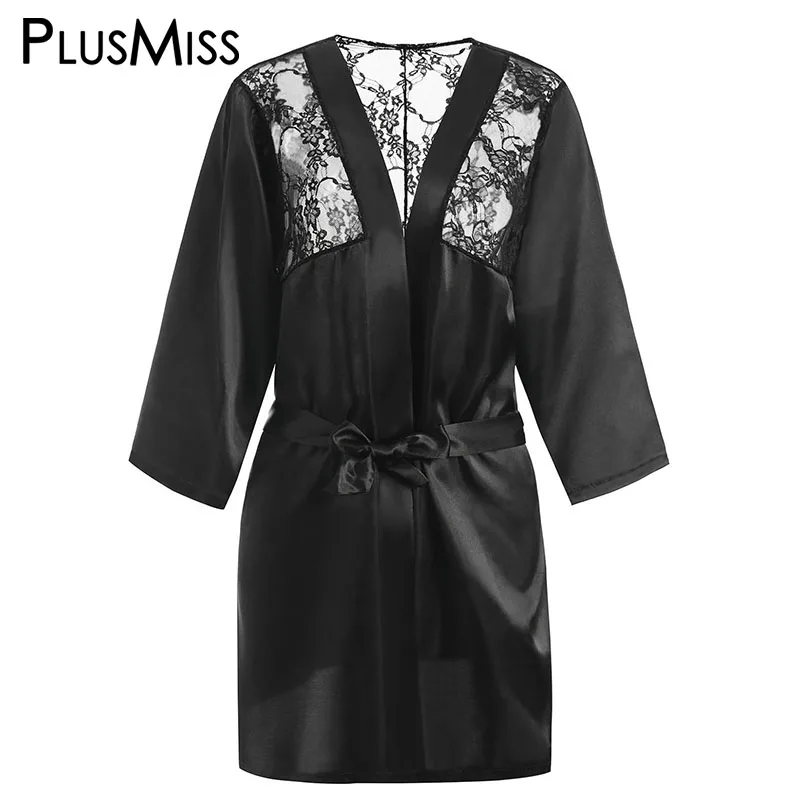 PlusMiss размера плюс 6XL кимоно Шелковый Атласный халат одежда для сна Сексуальная