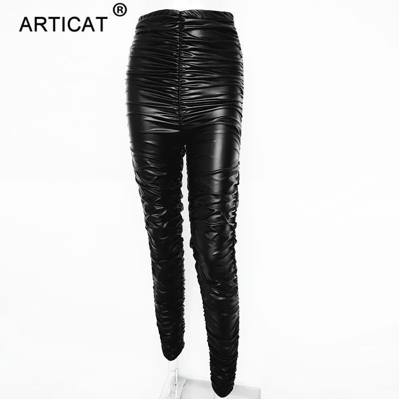 Articat/черные узкие брюки из искусственной кожи с высокой талией женские