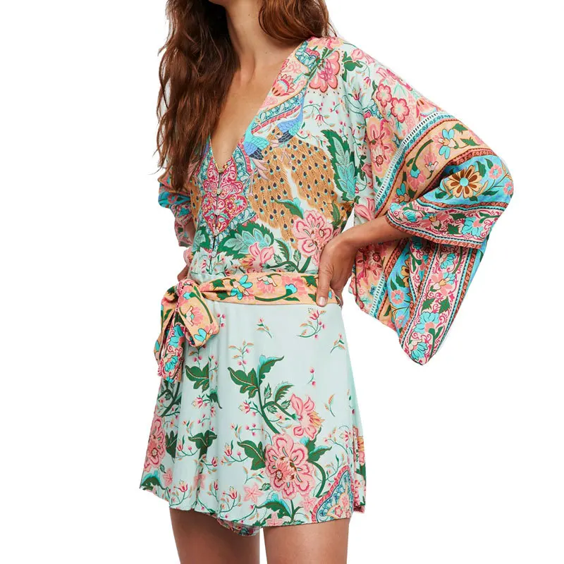 Богемный Вдохновленный цветочный принт кимоно комбинезоны цыганский стиль