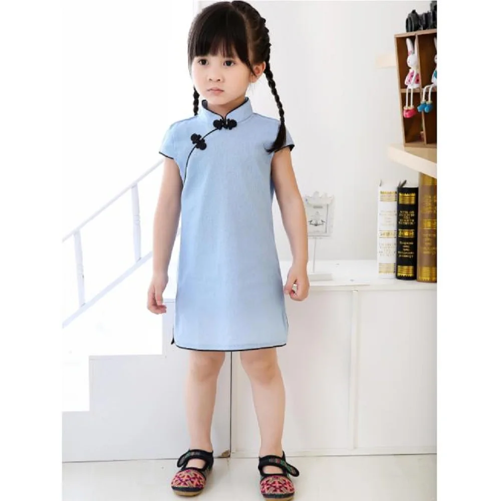 Hooyi Solid Baby Girls Dress Chinese New Year Traditional Qipao Children Chi-pao Kids Cheongsam Linen Girl's Clothes Summer Tops | Детская
