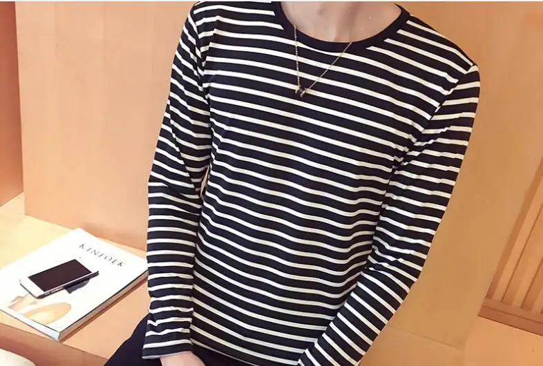 2019 Men T Shirt Fashion Long Sleeve Slim Fit Striped Tops Black White O-Neck Male T-Shirt Tee Plus Size Tshirt Homme | Мужская одежда