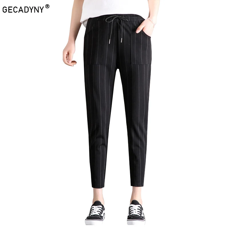GECADYNY 2018 New Striped OL High Waist Harem Pants Women Bowtie Elastic Trousers Female Stringyselvedge Casual | Женская одежда