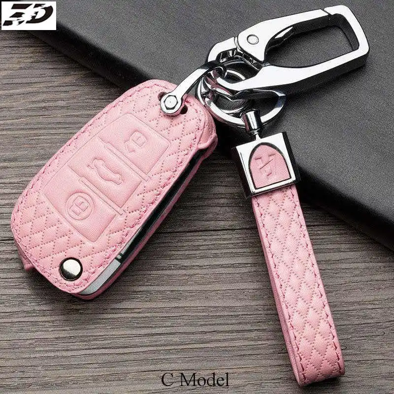 C Model Pink Натуральная кожа, автомобильные аксессуары, брелок чехол для Audi A1 A2 A3 A4 A5 A6 A7 TT Q3 Q5 Q7 R8 S6 S7 S8 SQ5 RS5 Флип складной держатель для ключей - Название цвета: C Model Pink