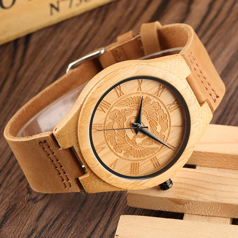 Men's Wooden Watches with Unique Craving Pine Tree Dial Quartz Analog Roman Numeral Bamboo Wristwatch for Teenager M | Наручные часы