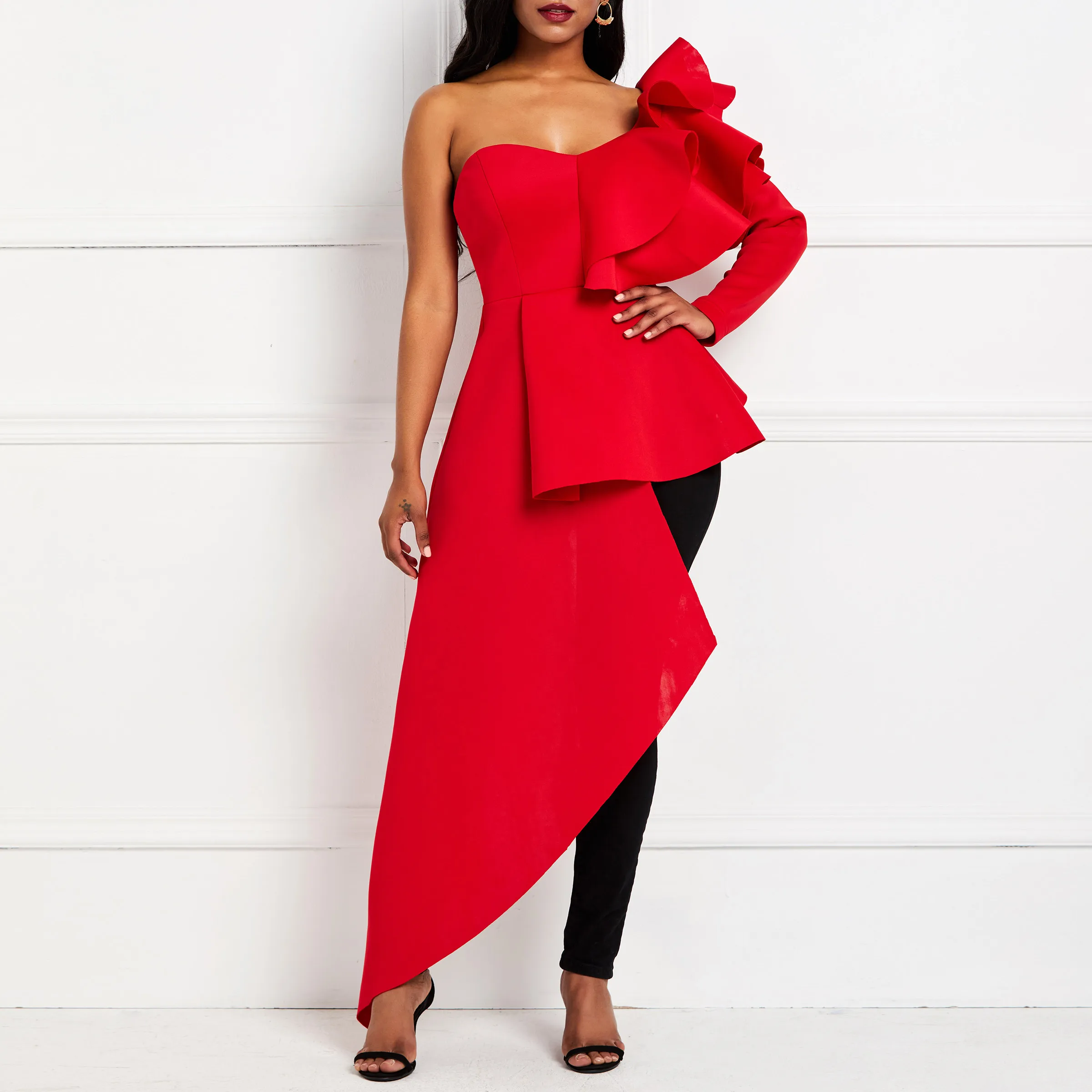 Сексуальная Блузка с оборками и длинным рукавом женские вечерние топы