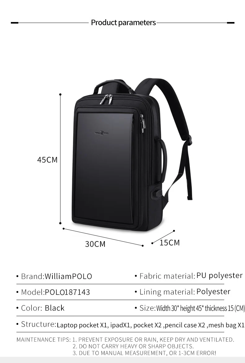 WILLIAMPOLO Men Business Backpack Travel Teenage Waterproof Slim Laptop 15.6 Backpack School Bag Fashion Style anti theft