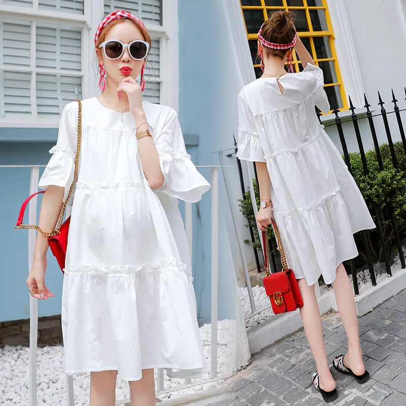 

Pregant Women 2019 New Korean Style Loose Fit Knee Length 100% Cotton Solid Color Summer Dresses A-line Layered Cotton Dresses