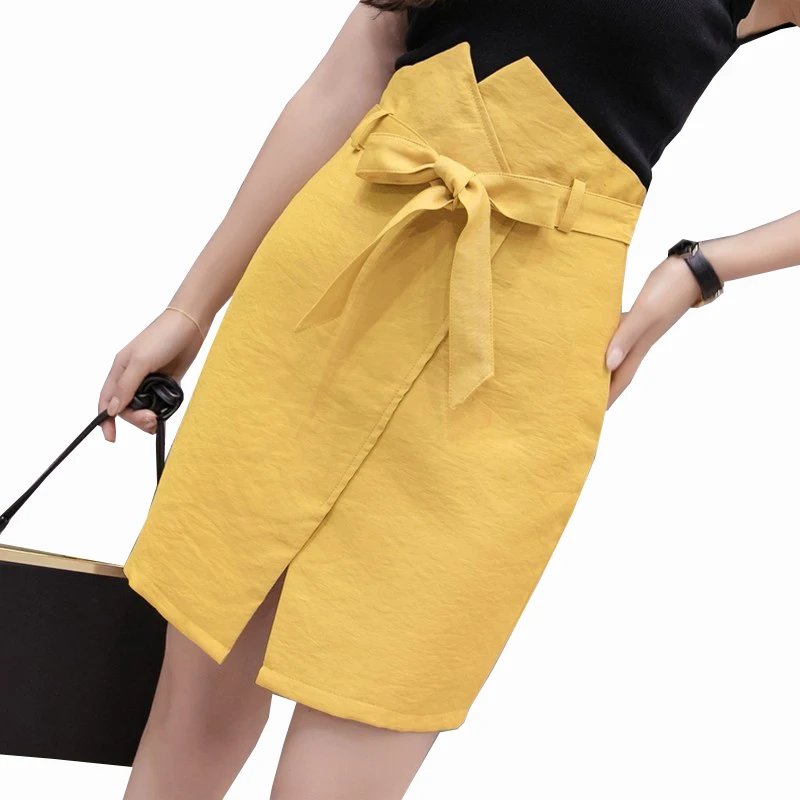 Новинка 2019 летние юбки карандаш с разрезом и бантом Женская Однотонная юбка
