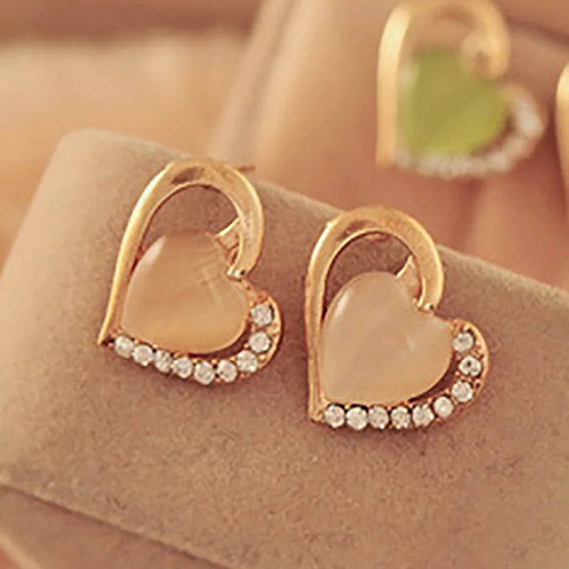 Золото Цвет серьги в виде сердец с украшением кристаллов опал Стразы полый