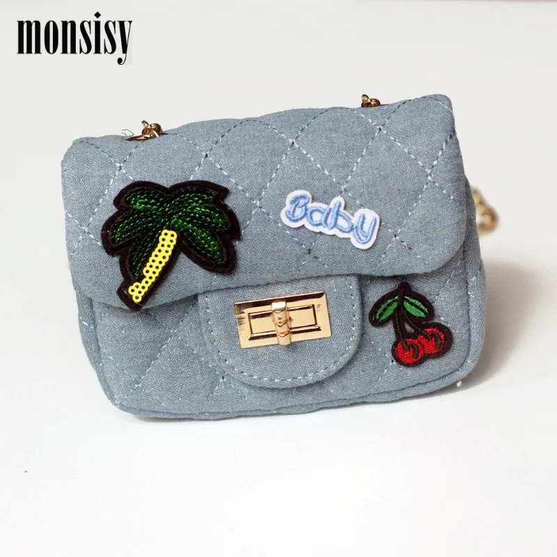 Monsisy Denim Girl Handbag Kid Shoulder Bag Children Wallet Baby Coin Purse Kawaii Small Embroidery badge Diamond Lattice |