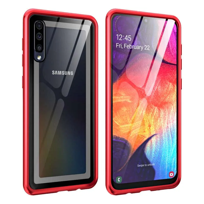 red Роскошный Алюминиевый металлический защитный чехол для samsung Galaxy A50, чехол для телефона, тонкая рамка, бампер, задняя прозрачная стеклянная крышка KS0187 - Цвет: red