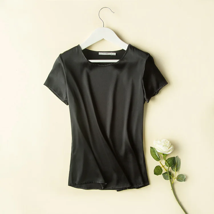 100% натуральный шелк для женщин Футболка короткий рукав сплошной шелковый атлас