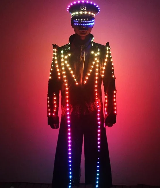 Красочные светодиодные Сияющий бальный зал костюм со шляпой светодиодный