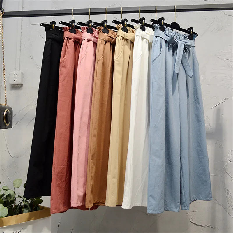 Women Casual Pants 2018 Autumn New Fashion Sash Elastic Waist 7 Colors High Wide Leg Loose Trousers | Женская одежда