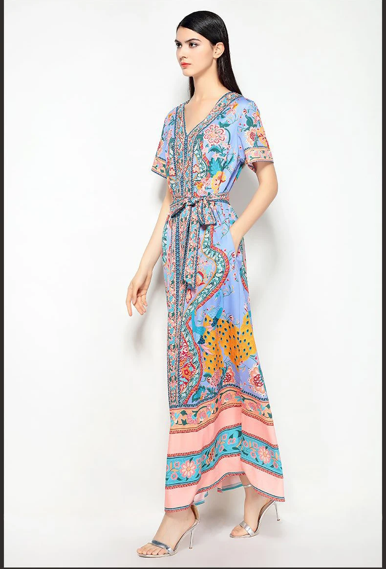 CLONOP Новый Boho Лето Для женщин макси платье 2018 v-образным вырезом короткий рукав