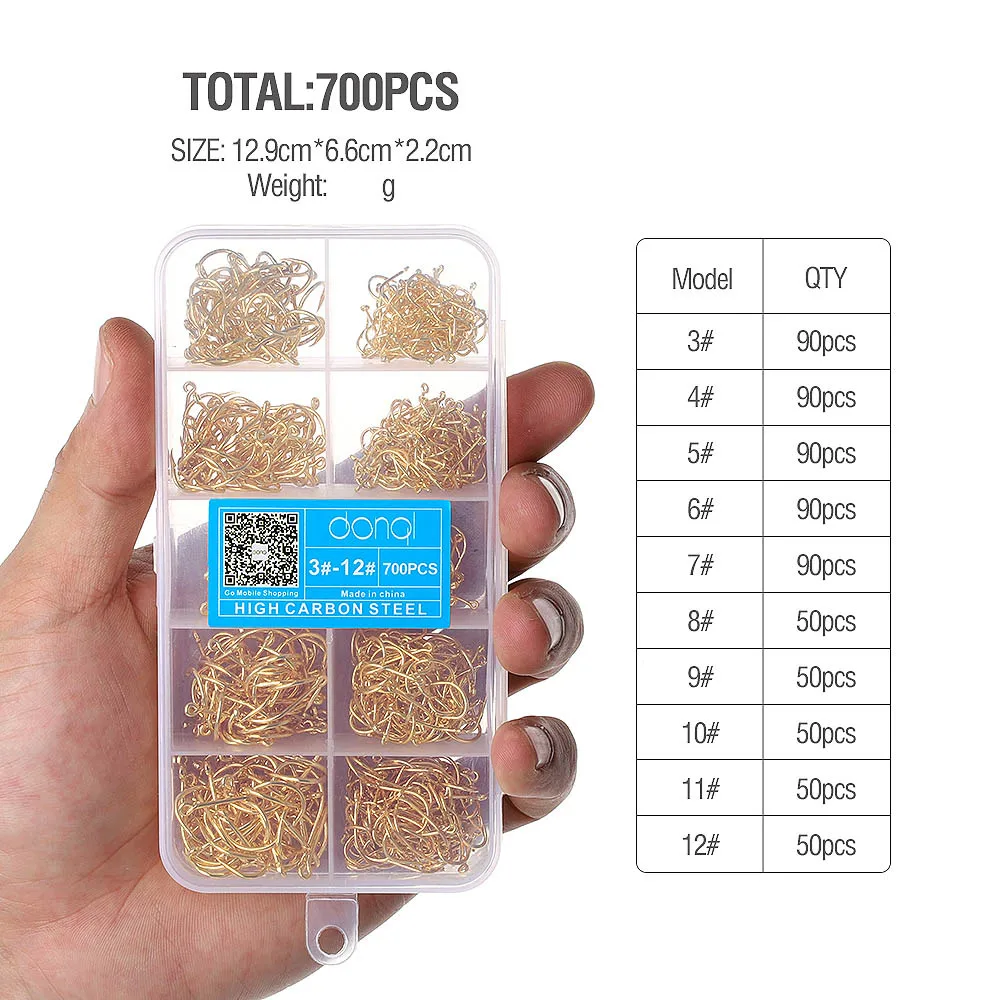 DONQL 200-700pcs/ Set Fishing Hooks Barbed Carp Single Fishihook 3#-12# Jig Fly Fishing Hooks Carbon Steel Sea Accessories - Цвет: 700pcs