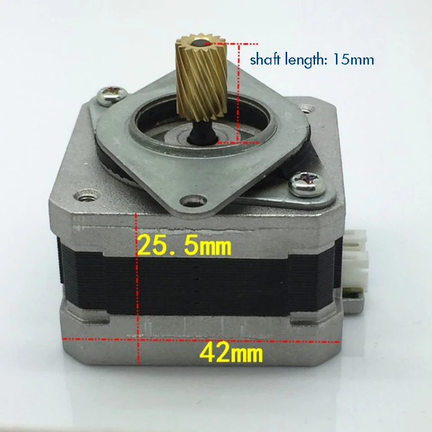 

42mm Two-phase Four-wire Stepper Motor with Mounting Bracket Helical 15-gear Torque-0.15 N.m, Shaft Dia 3mm, Step Angle 1.8
