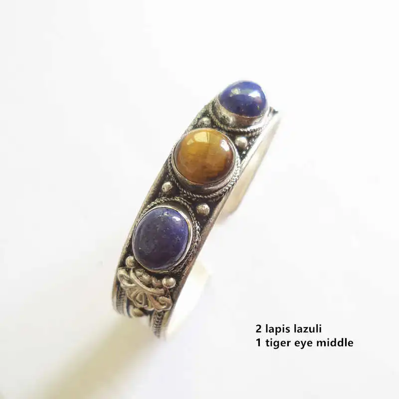 Tiger eye middle BB-116 тибетский серебряный инкрустированный мульти натуральный камень Бусины открытые манжеты браслеты лазурит Лабрадорит Непальские Винтажные Ювелирные Изделия - Окраска металла: Tiger eye middle