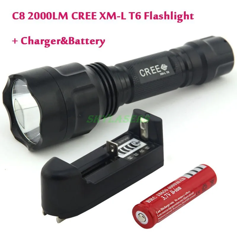 

Classic Style C8 XM-L T6 LED 5-Mode Flashlight Torch light with 18650 Rechargeable battery and Charger