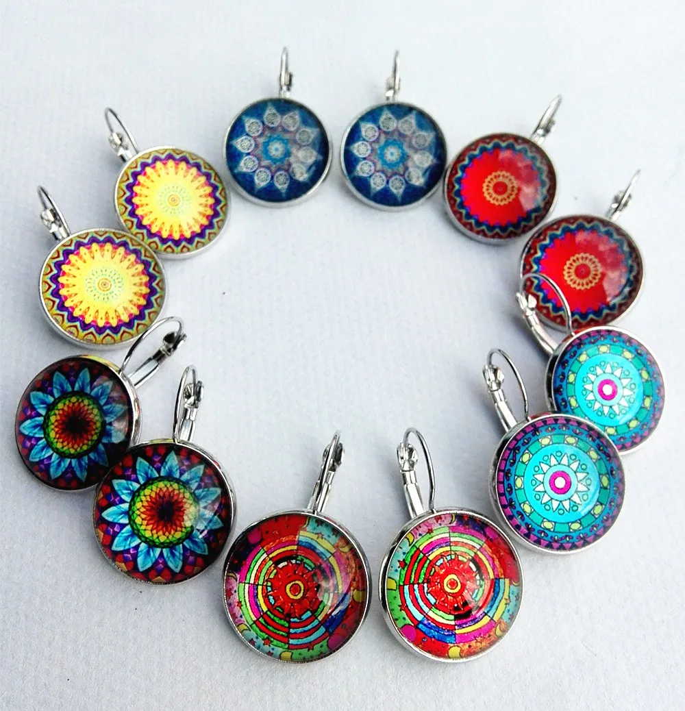12 пар серебряных серег хны мандала цветок искусство Стекло Круглый купол Висячие