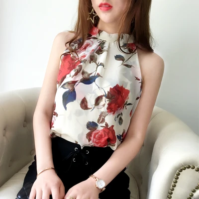 34714 flower apricot Neploe шифоновая блузка без рукавов рубашка с открытыми плечами в полоску/цветы/горошек/однотонные Топы летние женские модные элегантные блузы 34714 - Цвет: 34714 flower apricot