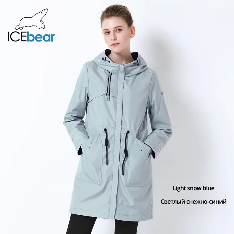 ICEbear Осенняя Новая женская ветровка с капюшоном Женская куртка модная повседневная женская одежда свободная длинная одежда GWF19023I - Цвет: G822 Light snow blue