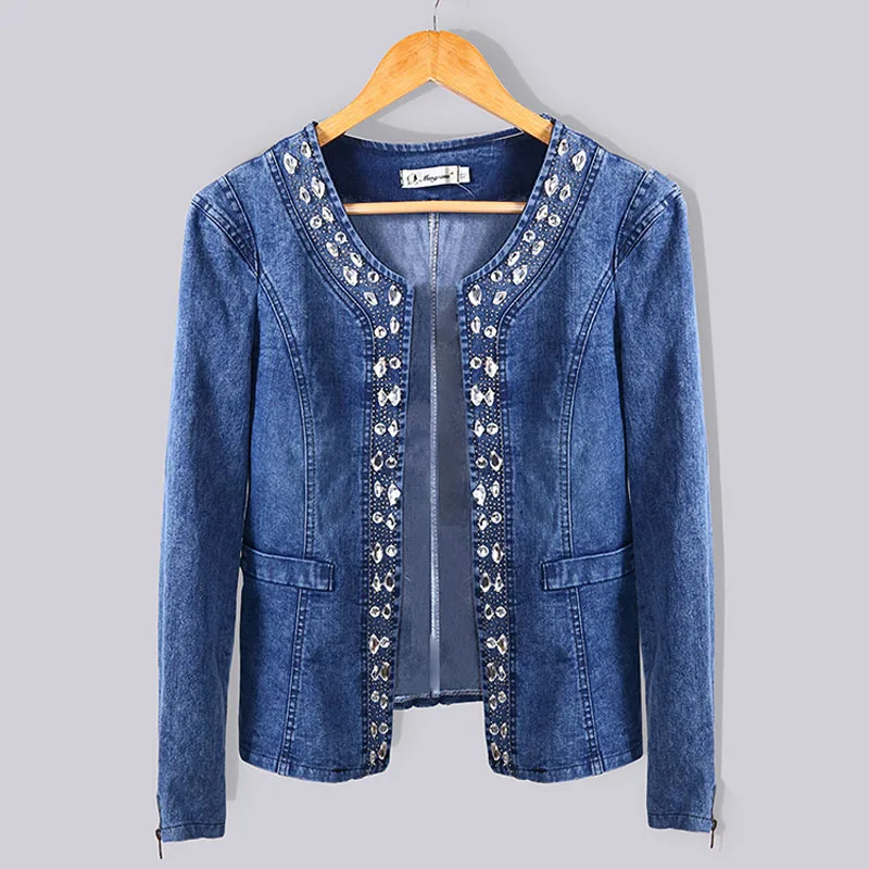Blue Джинсовая женская куртка модное пальто с украшением из бриллиантов Casaco Feminino женские топы облегающие джинсы размера плюс 4XL Женское пальто s - Color: Blue