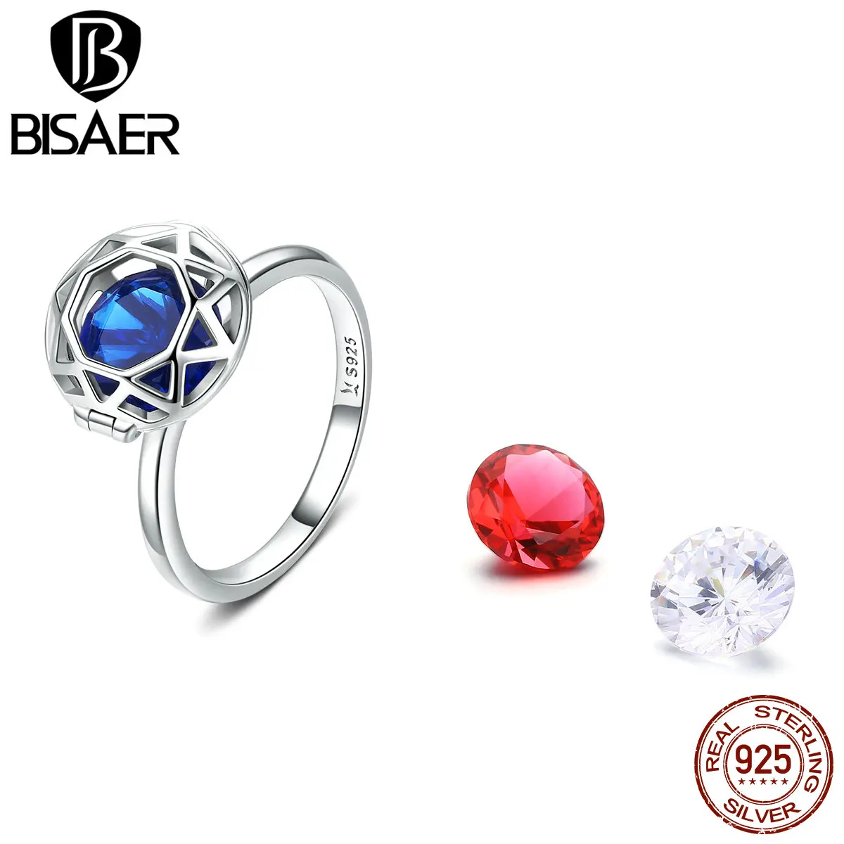 BISAER DIY кольцо 925 пробы, серебро, синий кристалл, красный циркон, простые геометрические кольца на палец, Женское Обручальное кольцо, ювелирное изделие Anel ECR492