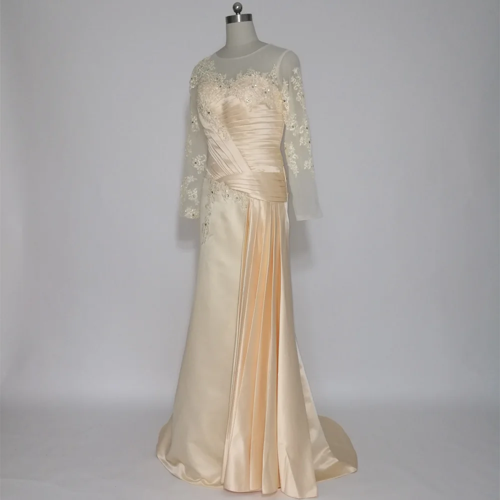 JIERUIZE Champagne Lace Appliques Mermaid Long Evening Dresses Sleeves Mother of the Bride Formal | Свадьбы и торжества
