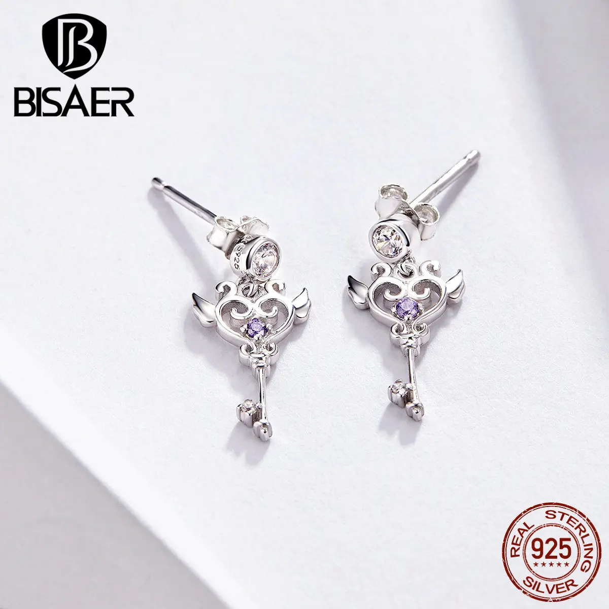 BISAER, серьги в форме сердца, 925 пробы, серебряные, в форме сердца, в форме ключа, изысканные маленькие серьги-гвоздики, женские серебряные ювелирные изделия ECE618