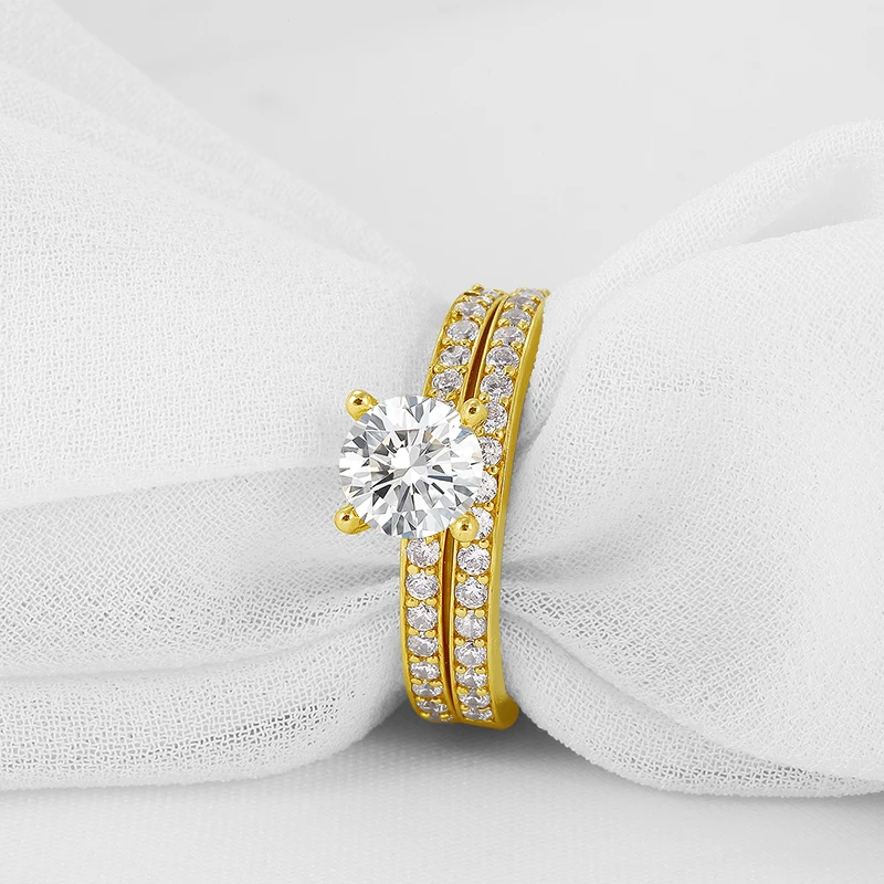 AINUOSHI 14 K массивная, желтая, Золотая наборы свадебных колец 1 ct круглая огранка SONA, имитация бриллиантов сверкающие Bague женские наборы обручальных колец