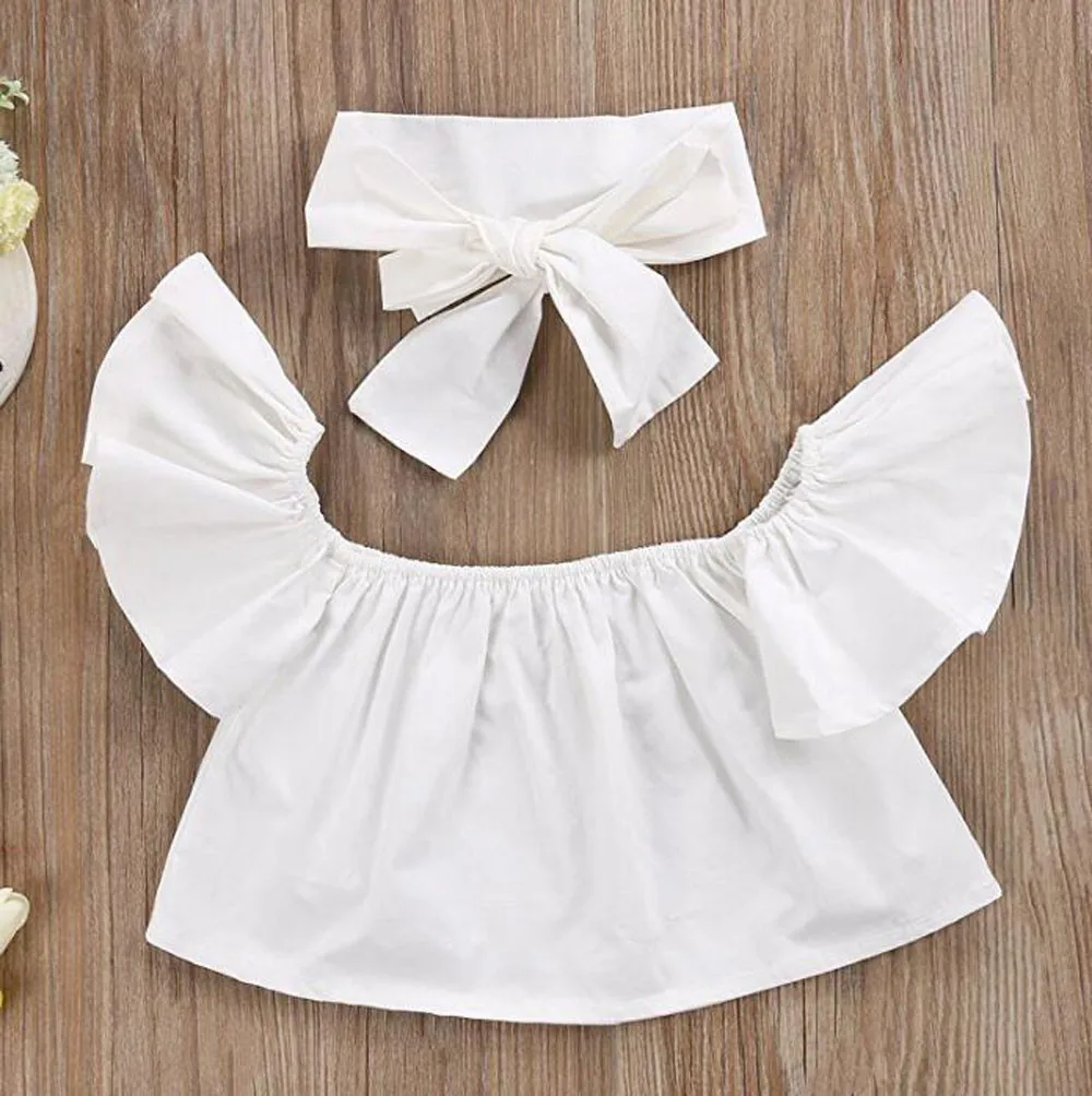 Комплект одежды для маленьких девочек короткий топ с открытыми плечами +