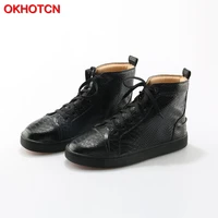 black high top men casual shoes genuine leather lace up snake zapatos de los hombres shoes plus size waterproof leisure sneakers